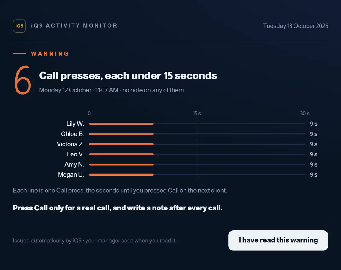 A warning for quick Call&nbsp;presses — iQ9 CRM